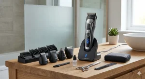 Set complet de grooming masculin cu bază de încărcare și accesorii.